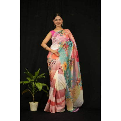 Isadora Life Womens Floral Printed Multi-Color Pre-Draped Saree with Unstitched Blouse
