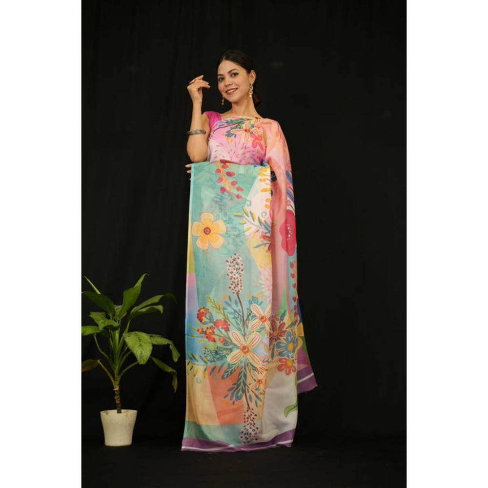 Isadora Life Womens Floral Printed Multi-Color Pre-Draped Saree with Unstitched Blouse