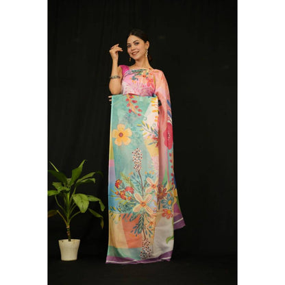 Isadora Life Womens Floral Printed Multi-Color Pre-Draped Saree with Unstitched Blouse