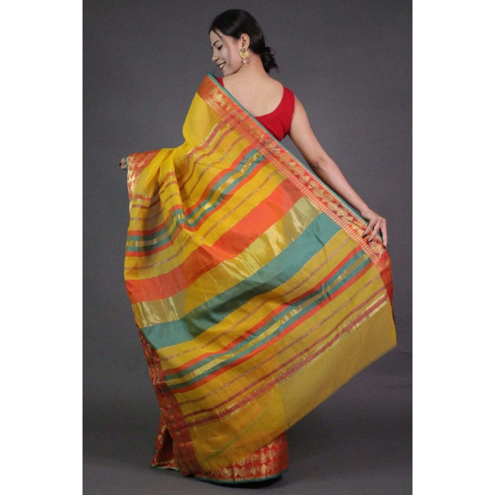 Isadora Life Womens Woven Zari Yellow Pre-Draped Saree with Unstitched Blouse