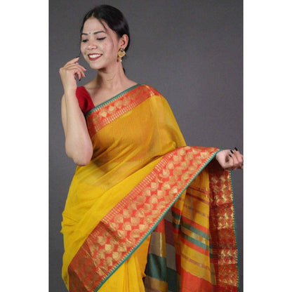 Isadora Life Womens Woven Zari Yellow Pre-Draped Saree with Unstitched Blouse