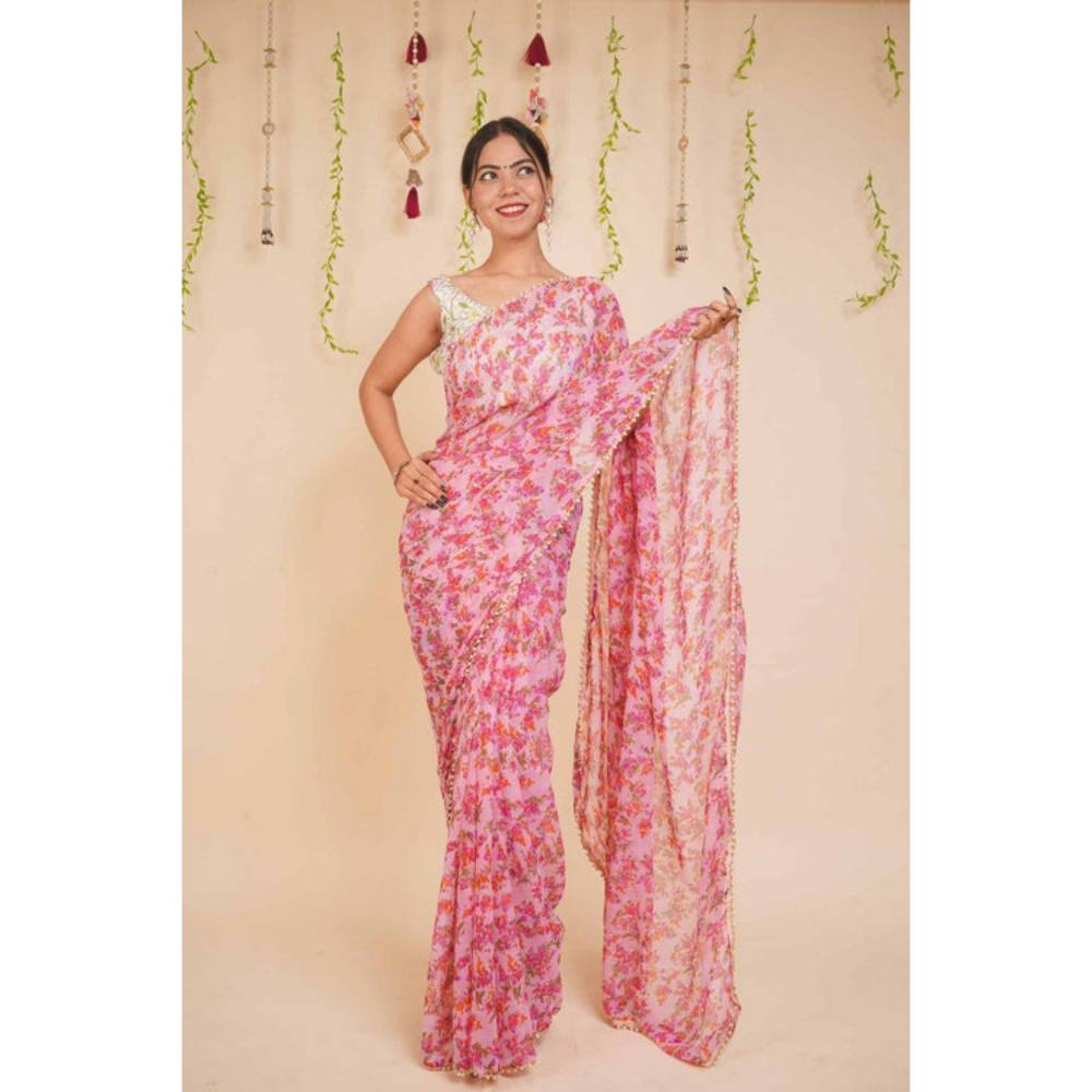 Isadora Life Womens Floral Beads Pink Pre-Draped Saree with Unstitched Blouse