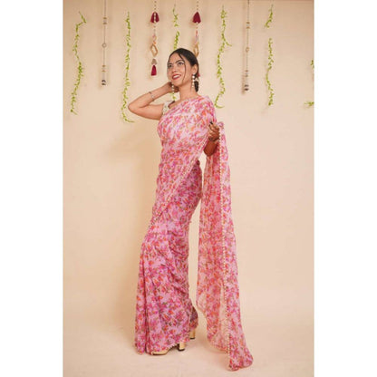 Isadora Life Womens Floral Beads Pink Pre-Draped Saree with Unstitched Blouse