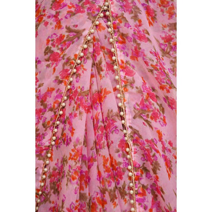 Isadora Life Womens Floral Beads Pink Pre-Draped Saree with Unstitched Blouse