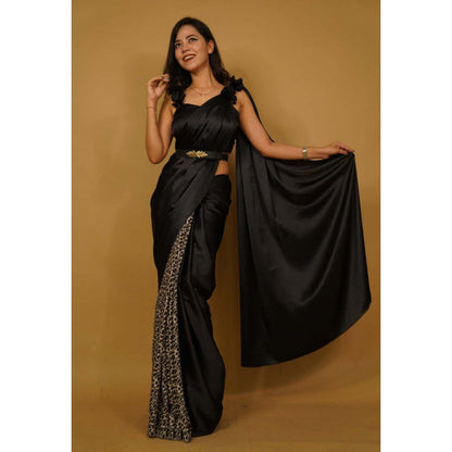 Isadora Life Womens Animal Printed Black Pre-Draped Saree with Unstitched Blouse