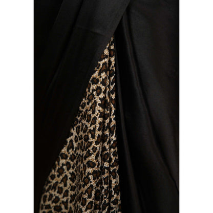 Isadora Life Womens Animal Printed Black Pre-Draped Saree with Unstitched Blouse
