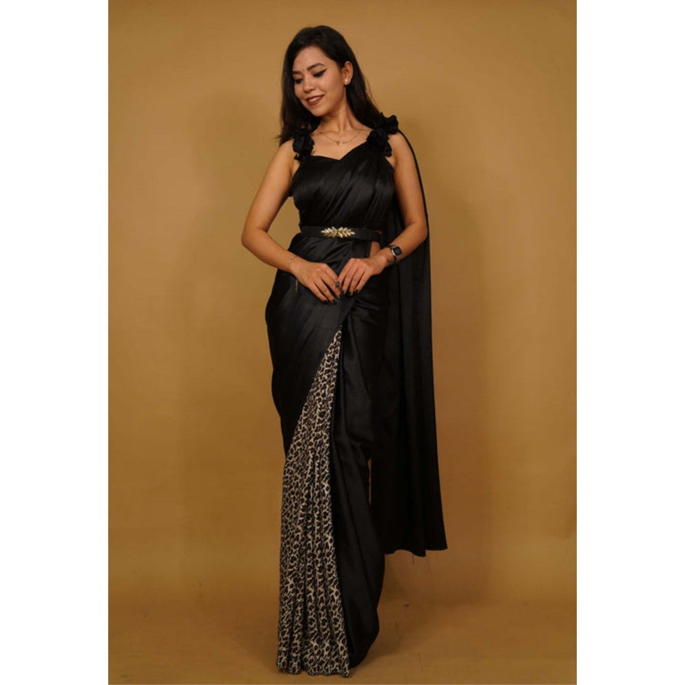 Isadora Life Womens Animal Printed Black Pre-Draped Saree with Unstitched Blouse