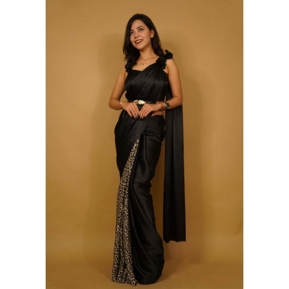 Isadora Life Womens Animal Printed Black Pre-Draped Saree with Unstitched Blouse