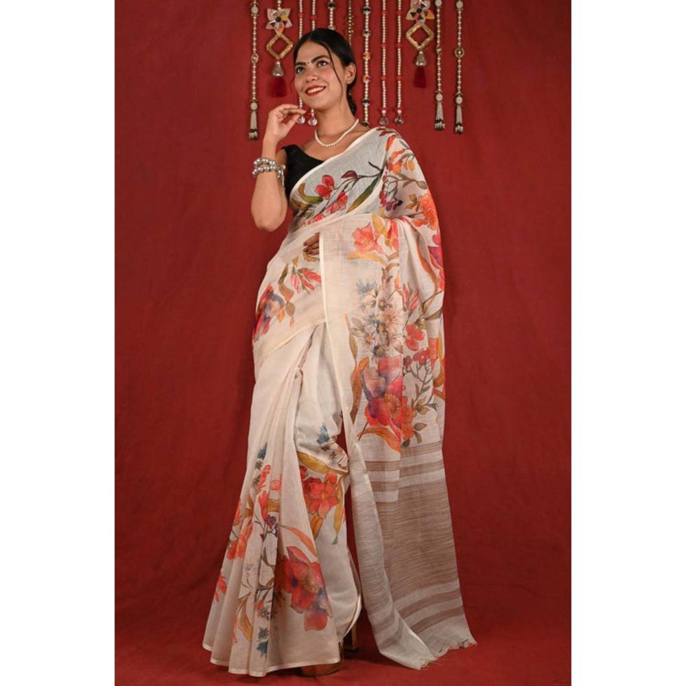 Isadora Life Womens Floral Printed Off White Pre-Draped Saree with Unstitched Blouse