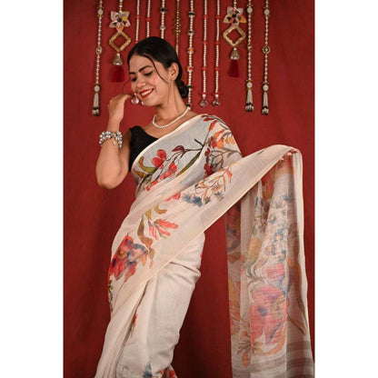 Isadora Life Womens Floral Printed Off White Pre-Draped Saree with Unstitched Blouse
