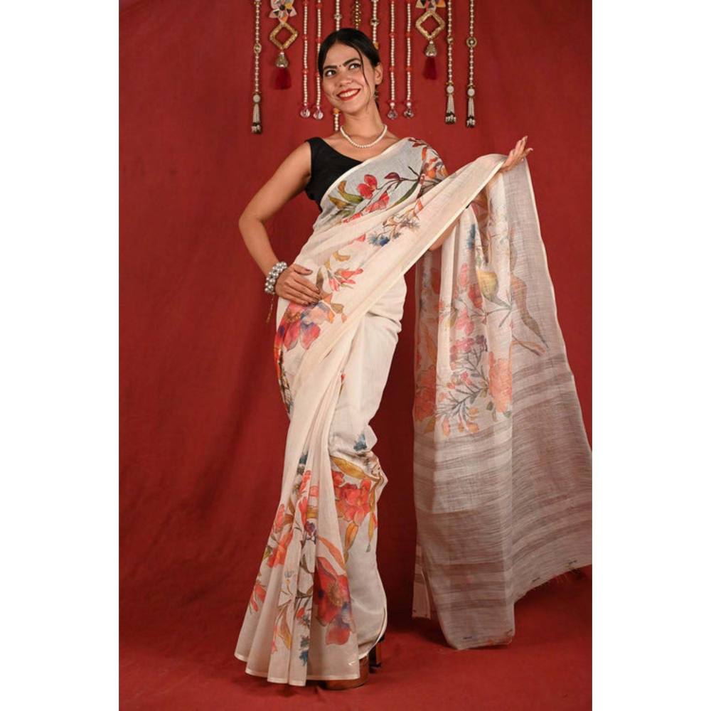 Isadora Life Womens Floral Printed Off White Pre-Draped Saree with Unstitched Blouse