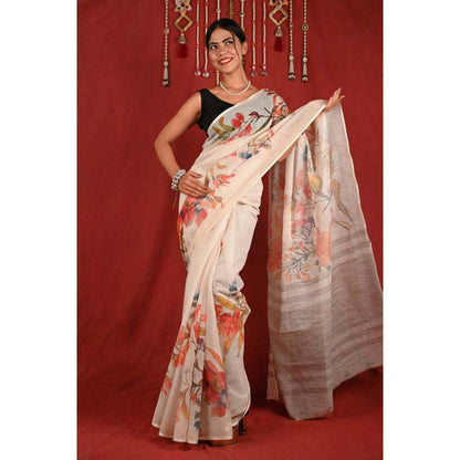 Isadora Life Womens Floral Printed Off White Pre-Draped Saree with Unstitched Blouse