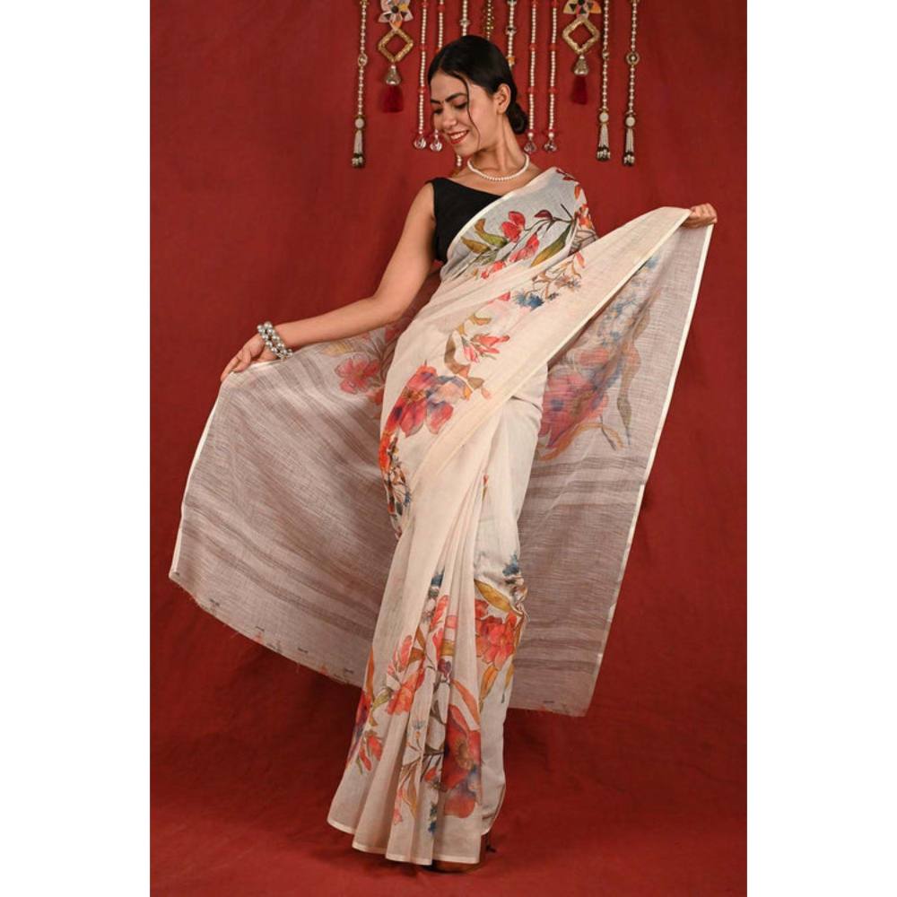 Isadora Life Womens Floral Printed Off White Pre-Draped Saree with Unstitched Blouse