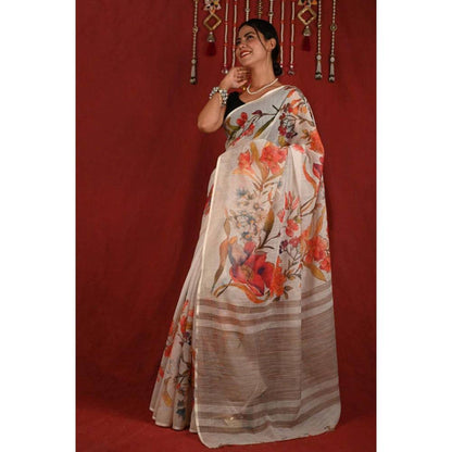 Isadora Life Womens Floral Printed Off White Pre-Draped Saree with Unstitched Blouse