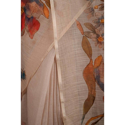 Isadora Life Womens Floral Printed Off White Pre-Draped Saree with Unstitched Blouse
