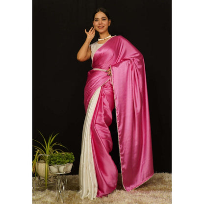 Isadora Life Womens Solid Lace Work Pink Pre-Draped Saree with Unstitched Blouse