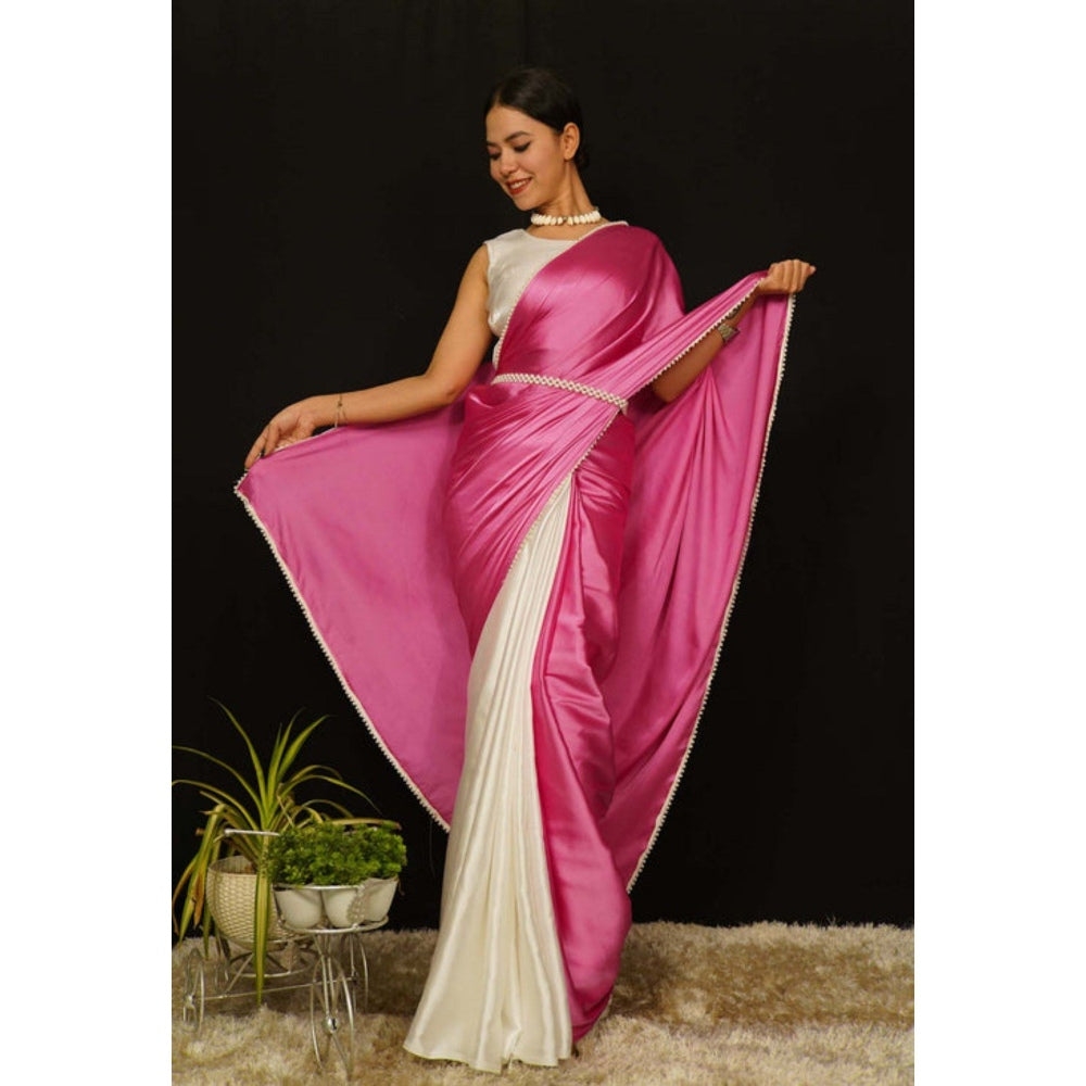 Isadora Life Womens Solid Lace Work Pink Pre-Draped Saree with Unstitched Blouse