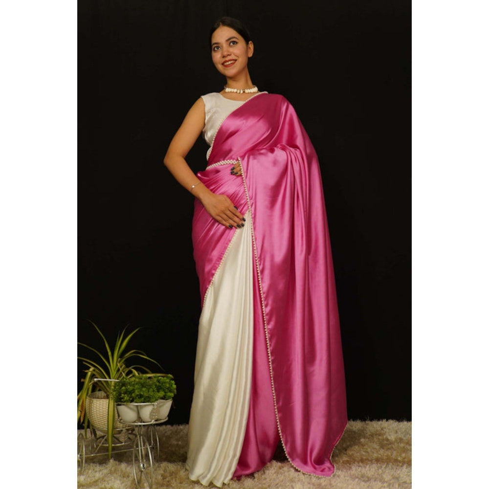 Isadora Life Womens Solid Lace Work Pink Pre-Draped Saree with Unstitched Blouse