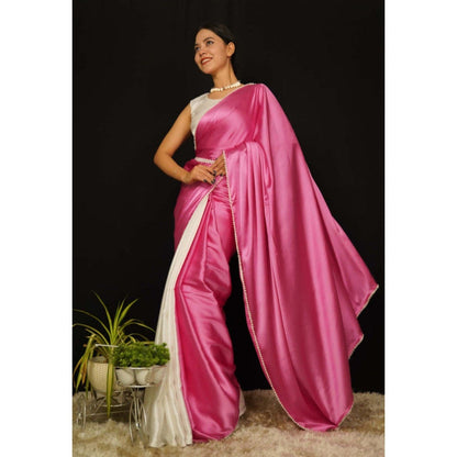 Isadora Life Womens Solid Lace Work Pink Pre-Draped Saree with Unstitched Blouse
