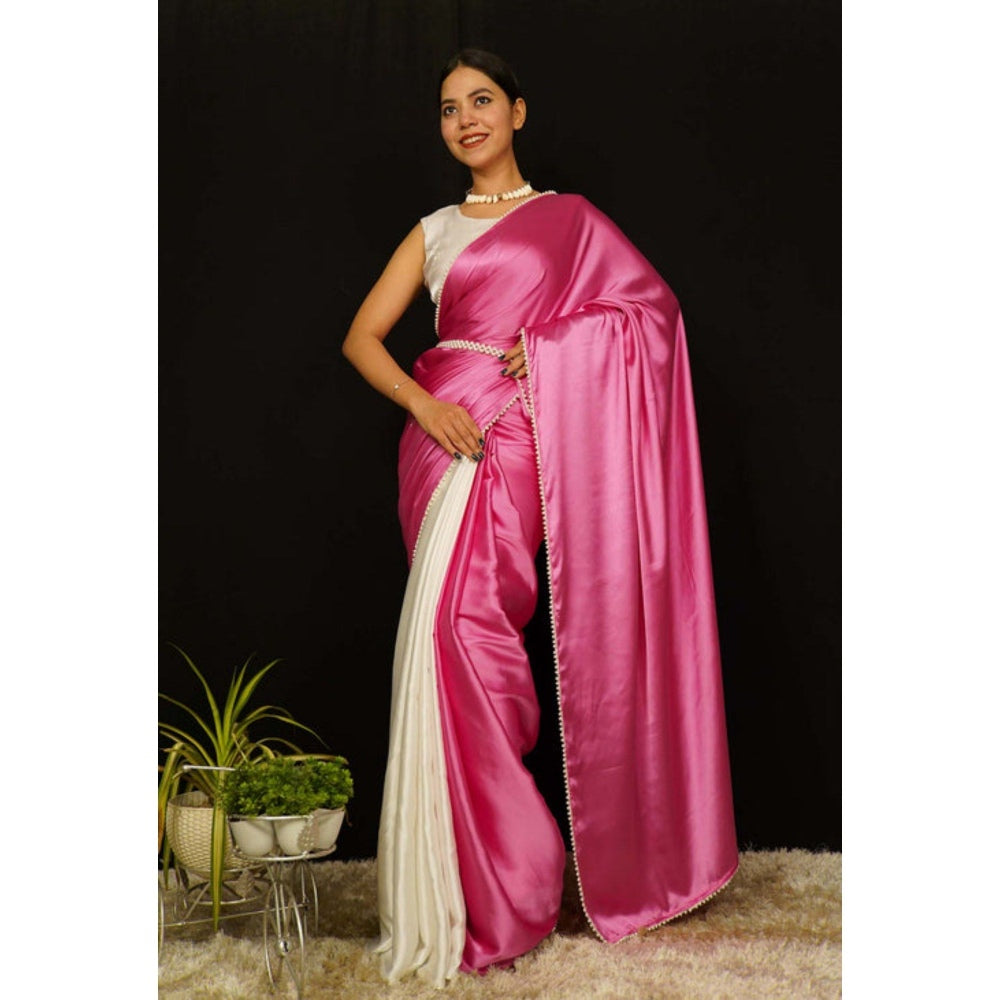 Isadora Life Womens Solid Lace Work Pink Pre-Draped Saree with Unstitched Blouse