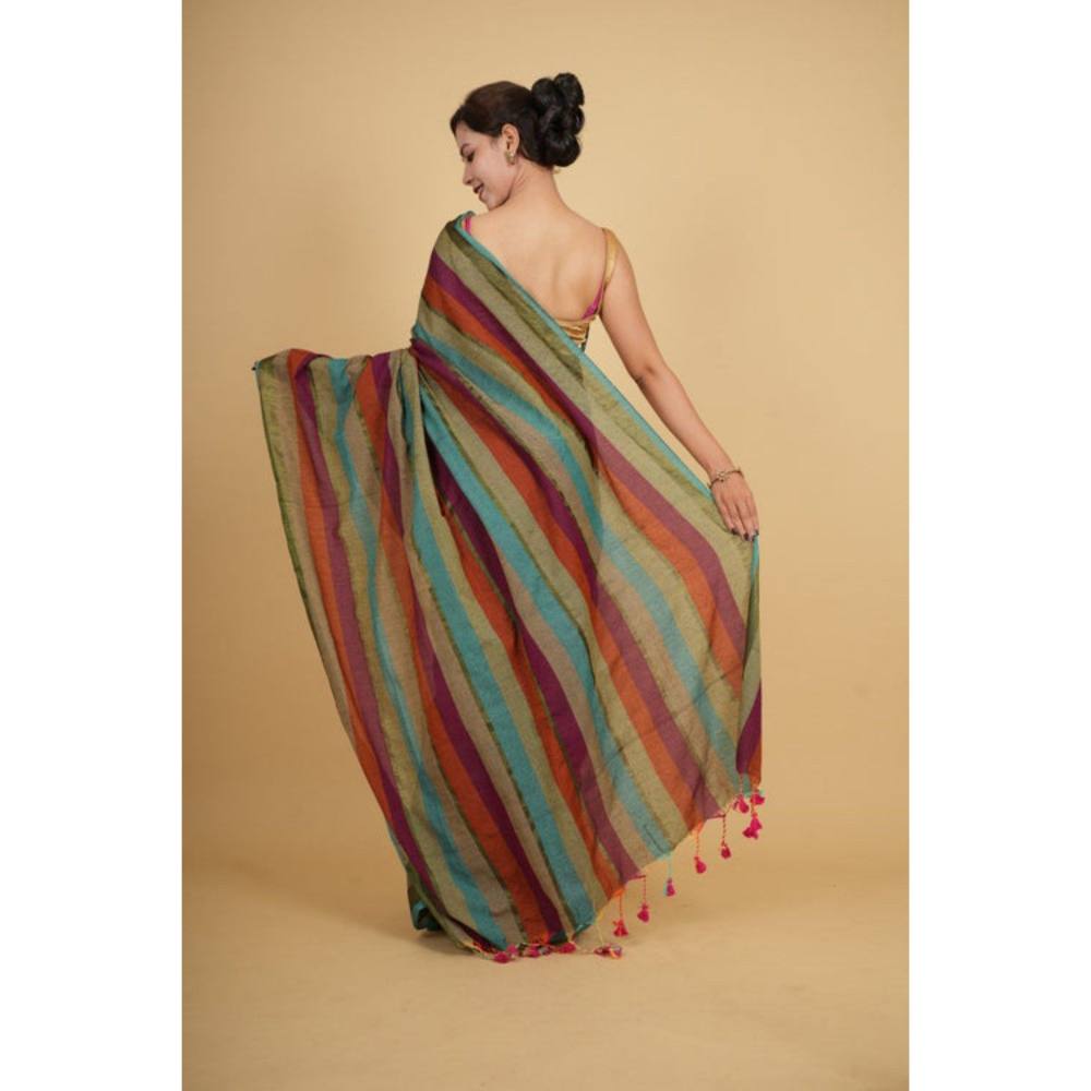 Isadora Life Womens Stripes Tassels Multi-Color Pre-Draped Saree with Unstitched Blouse