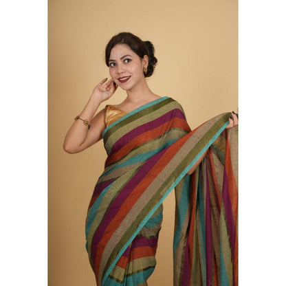 Isadora Life Womens Stripes Tassels Multi-Color Pre-Draped Saree with Unstitched Blouse