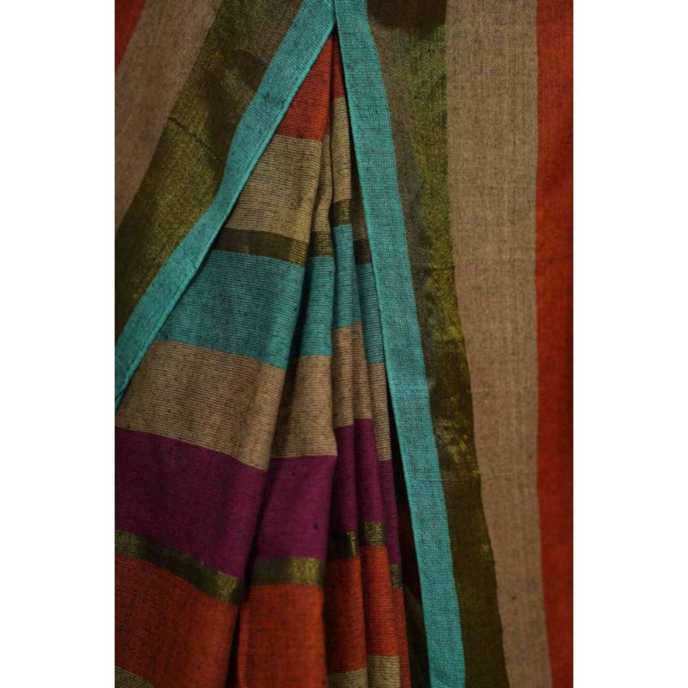 Isadora Life Womens Stripes Tassels Multi-Color Pre-Draped Saree with Unstitched Blouse