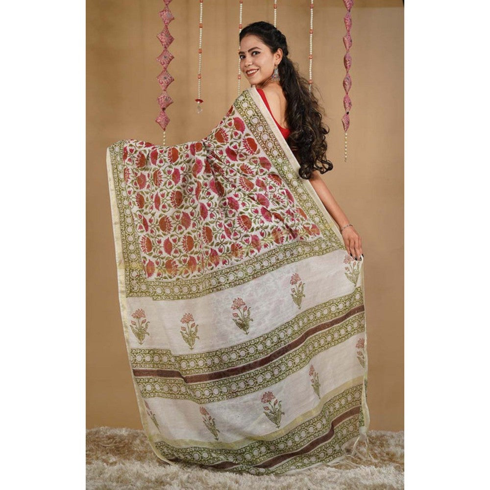 Isadora Life Womens Floral Printed Multi-Color Pre-Draped Saree with Unstitched Blouse