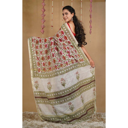 Isadora Life Womens Floral Printed Multi-Color Pre-Draped Saree with Unstitched Blouse