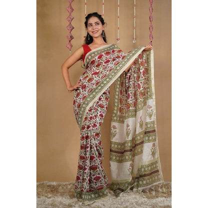 Isadora Life Womens Floral Printed Multi-Color Pre-Draped Saree with Unstitched Blouse