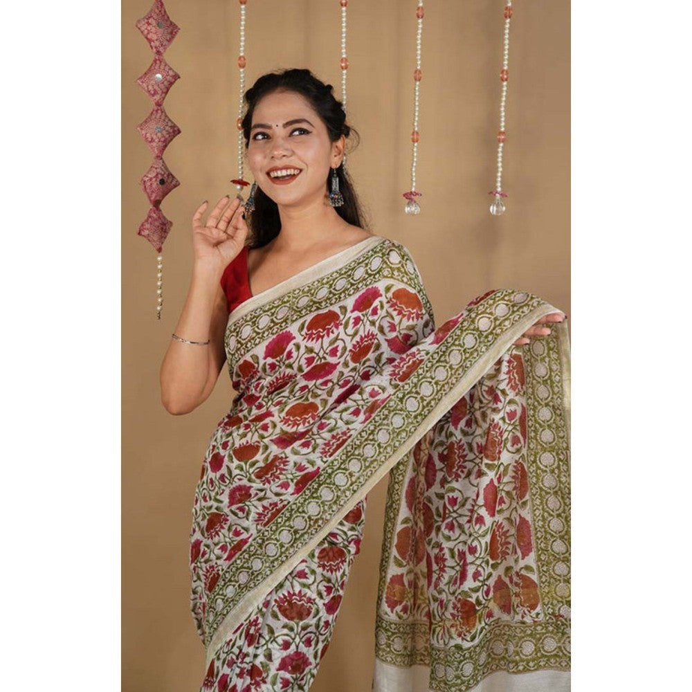 Isadora Life Womens Floral Printed Multi-Color Pre-Draped Saree with Unstitched Blouse