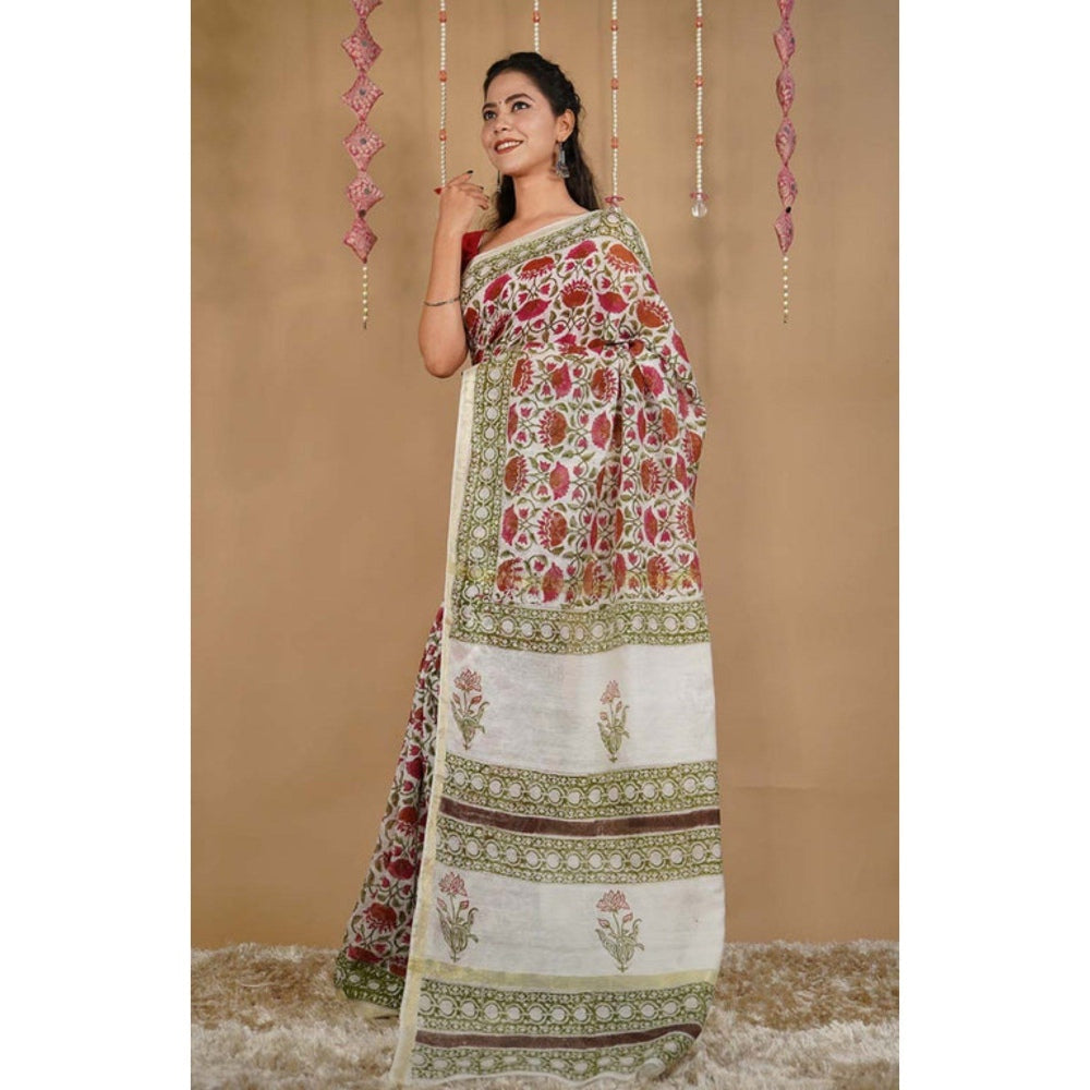 Isadora Life Womens Floral Printed Multi-Color Pre-Draped Saree with Unstitched Blouse