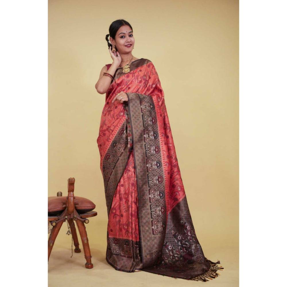 Isadora Life Womens Woven Tassels Peach Pre-Draped Saree with Unstitched Blouse