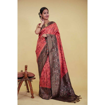 Isadora Life Womens Woven Tassels Peach Pre-Draped Saree with Unstitched Blouse