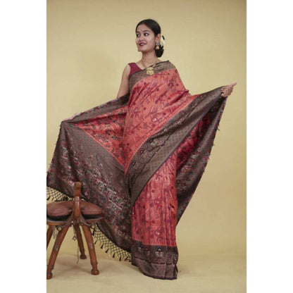 Isadora Life Womens Woven Tassels Peach Pre-Draped Saree with Unstitched Blouse