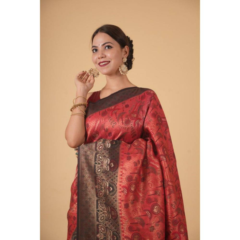 Isadora Life Womens Woven Tassels Peach Pre-Draped Saree with Unstitched Blouse