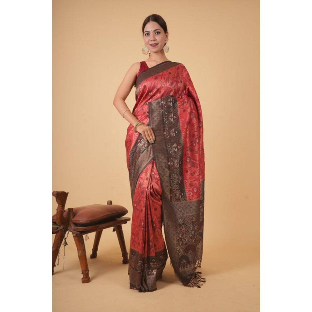 Isadora Life Womens Woven Tassels Peach Pre-Draped Saree with Unstitched Blouse