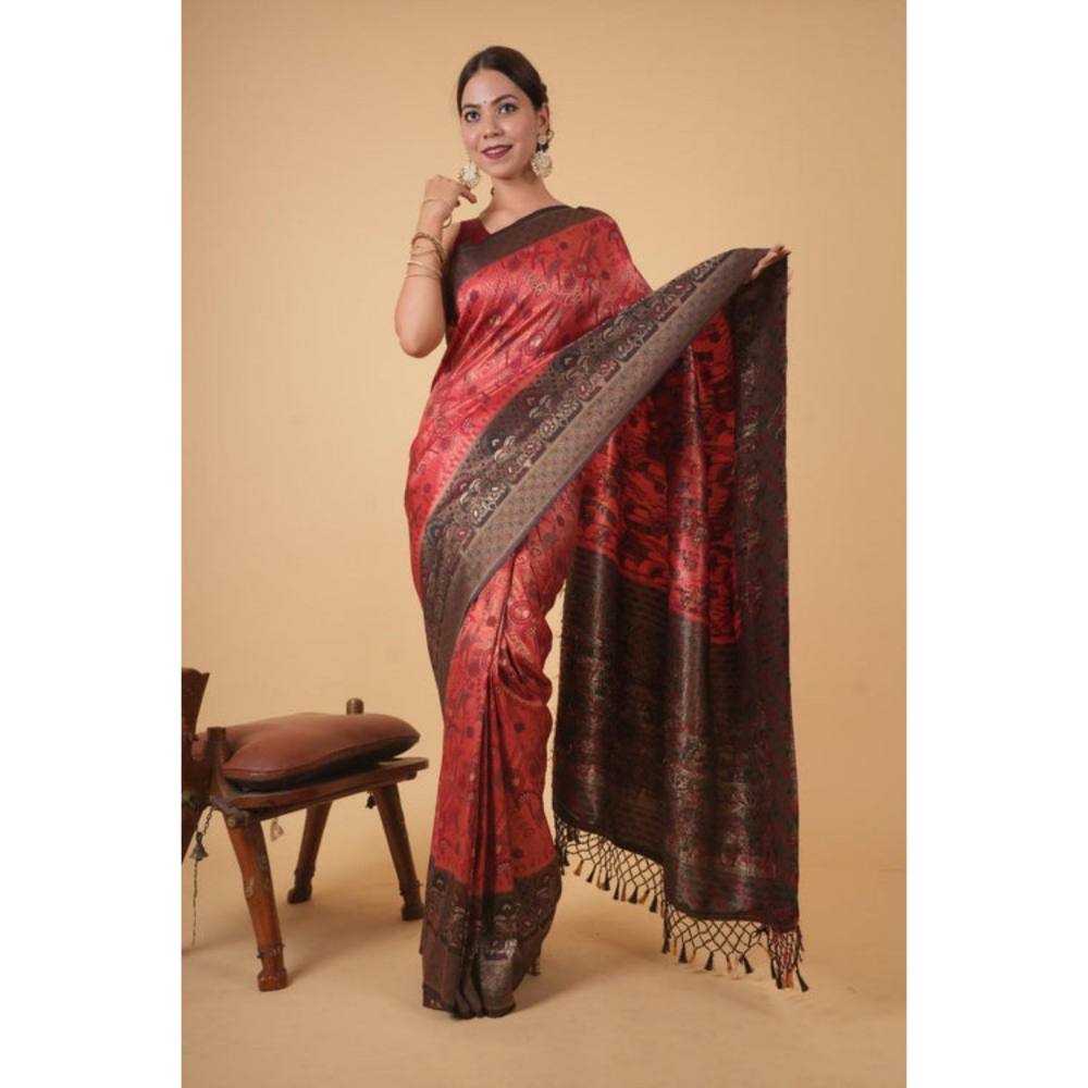 Isadora Life Womens Woven Tassels Peach Pre-Draped Saree with Unstitched Blouse