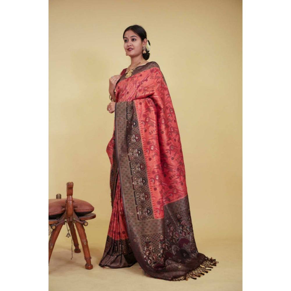 Isadora Life Womens Woven Tassels Peach Pre-Draped Saree with Unstitched Blouse