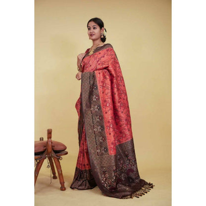 Isadora Life Womens Woven Tassels Peach Pre-Draped Saree with Unstitched Blouse