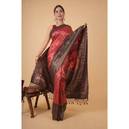 Isadora Life Womens Woven Tassels Peach Pre-Draped Saree with Unstitched Blouse