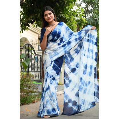 Isadora Life Womens Tie & Dye Sequined Blue Pre-Draped Saree with Unstitched Blouse
