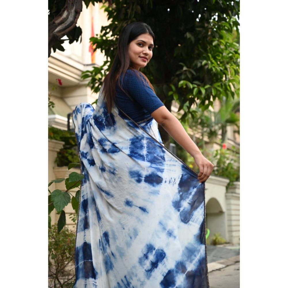Isadora Life Womens Tie & Dye Sequined Blue Pre-Draped Saree with Unstitched Blouse