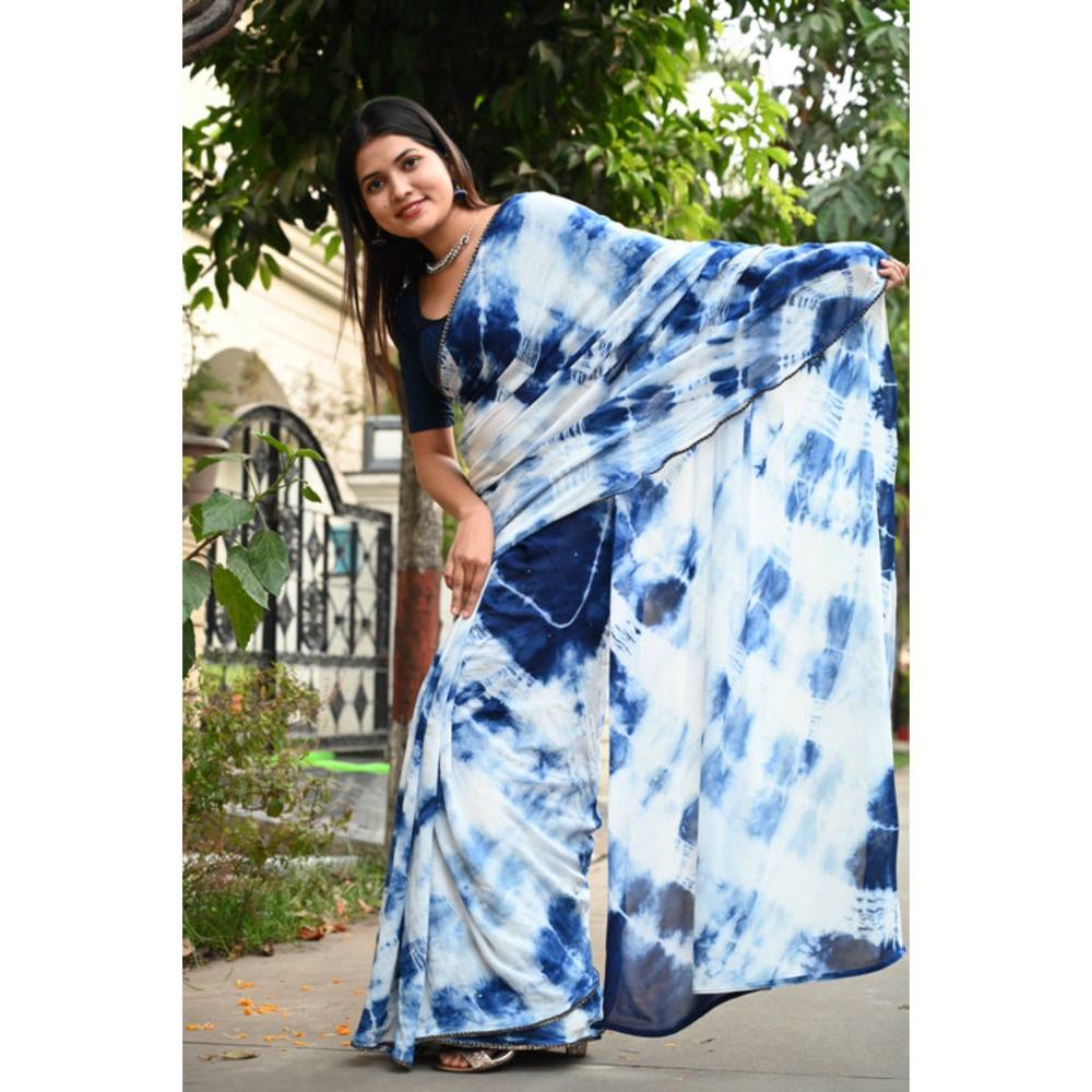 Isadora Life Womens Tie & Dye Sequined Blue Pre-Draped Saree with Unstitched Blouse
