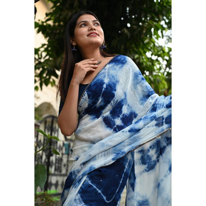 Isadora Life Womens Tie & Dye Sequined Blue Pre-Draped Saree with Unstitched Blouse