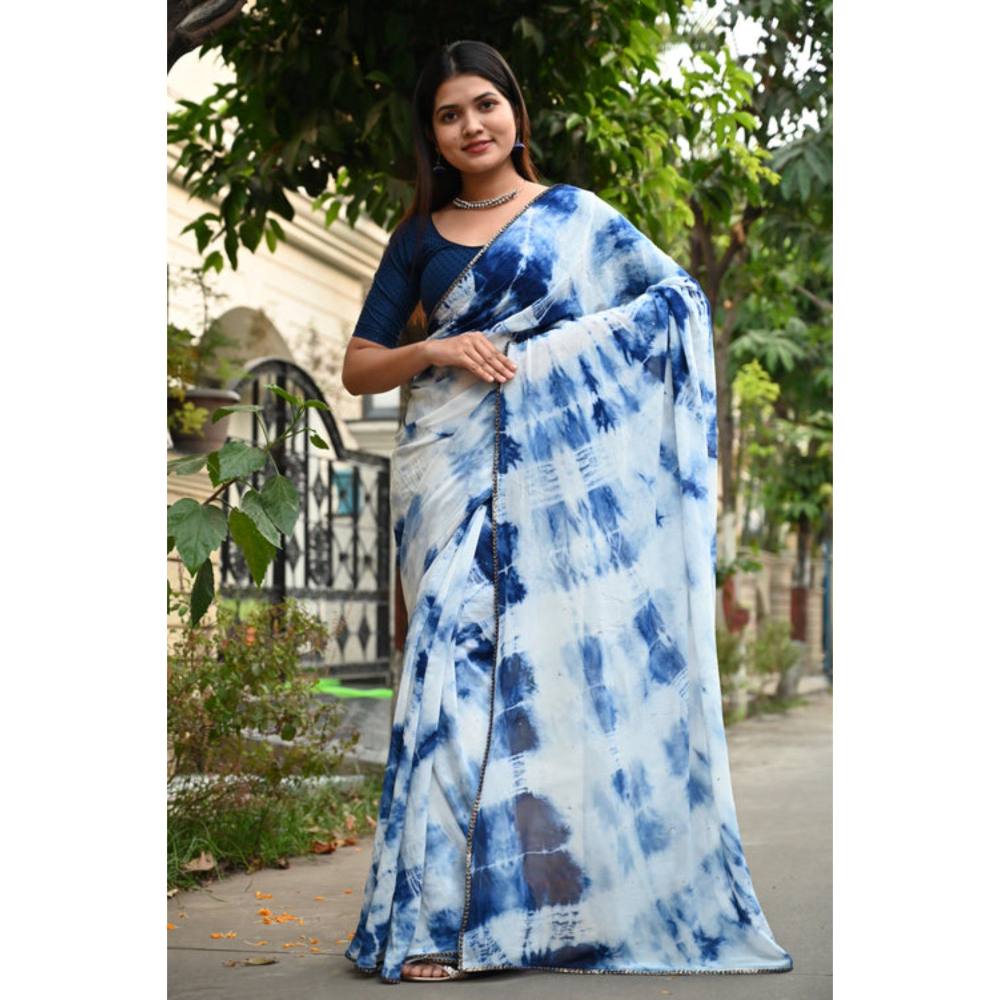 Isadora Life Womens Tie & Dye Sequined Blue Pre-Draped Saree with Unstitched Blouse