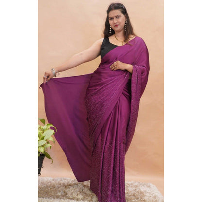 Isadora Life Womens Beads Sequined Purple Pre-Draped Saree with Unstitched Blouse