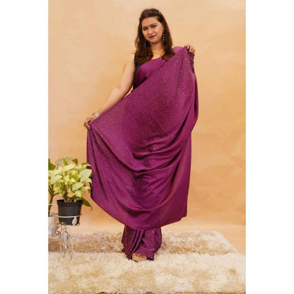 Isadora Life Womens Beads Sequined Purple Pre-Draped Saree with Unstitched Blouse