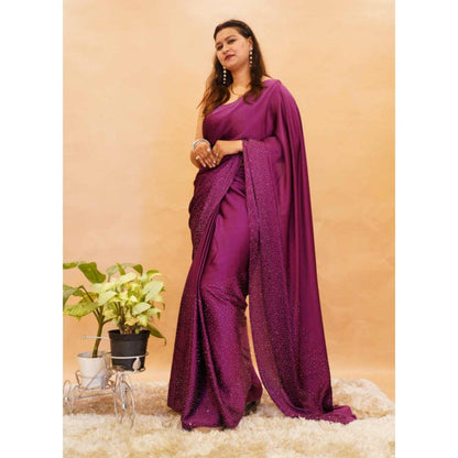 Isadora Life Womens Beads Sequined Purple Pre-Draped Saree with Unstitched Blouse