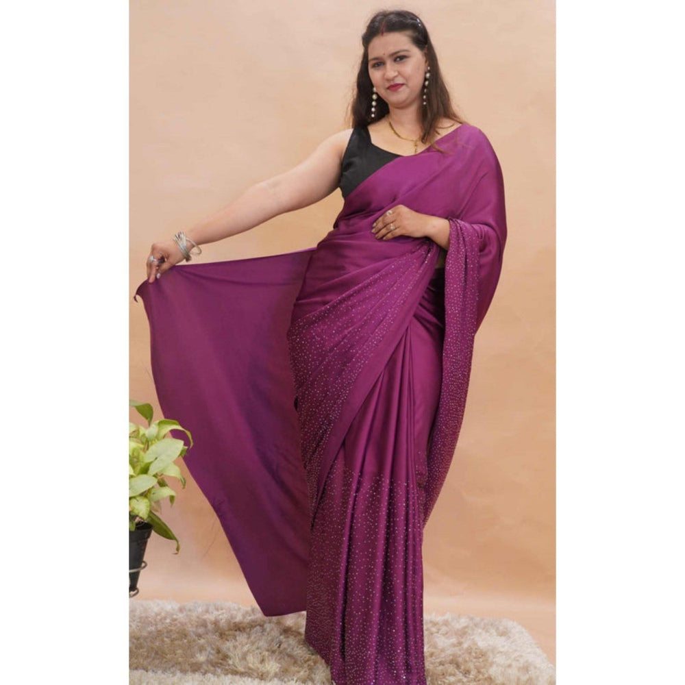 Isadora Life Womens Beads Sequined Purple Pre-Draped Saree with Unstitched Blouse